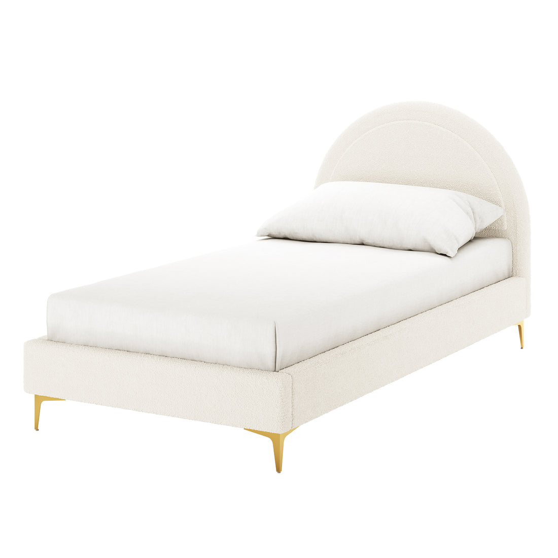Camryn Kids Single Bouclé Bed Frame in Cream White, featuring a rounded arch headboard, slim gold-metal legs, and matching mattress and pillow, showcasing minimalist luxury and comfort for a child's bedroom.