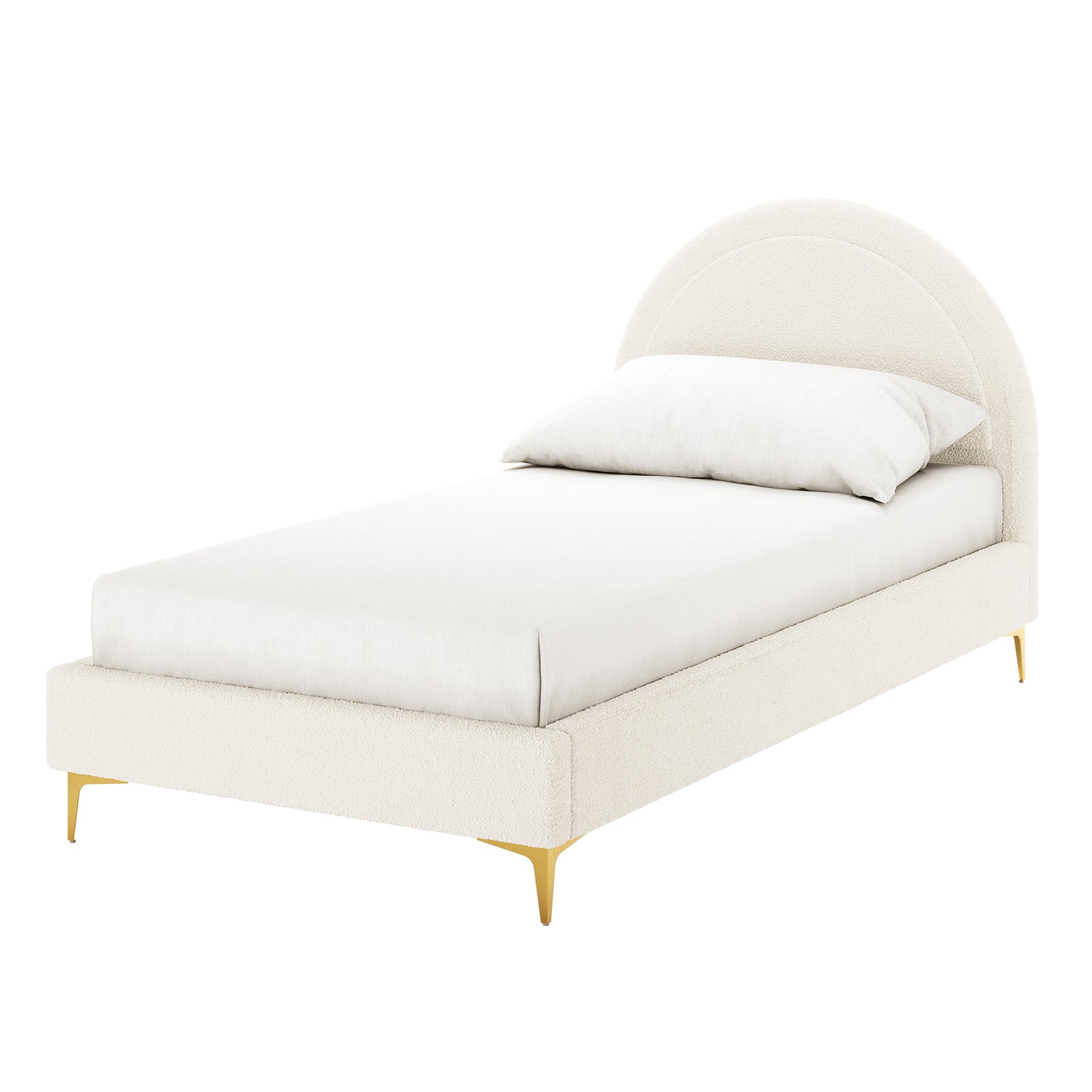 Camryn Kids Single Bouclé Bed Frame in Cream White, featuring a rounded arch headboard, slim gold-metal legs, and matching mattress and pillow, showcasing minimalist luxury and comfort for a child's bedroom.