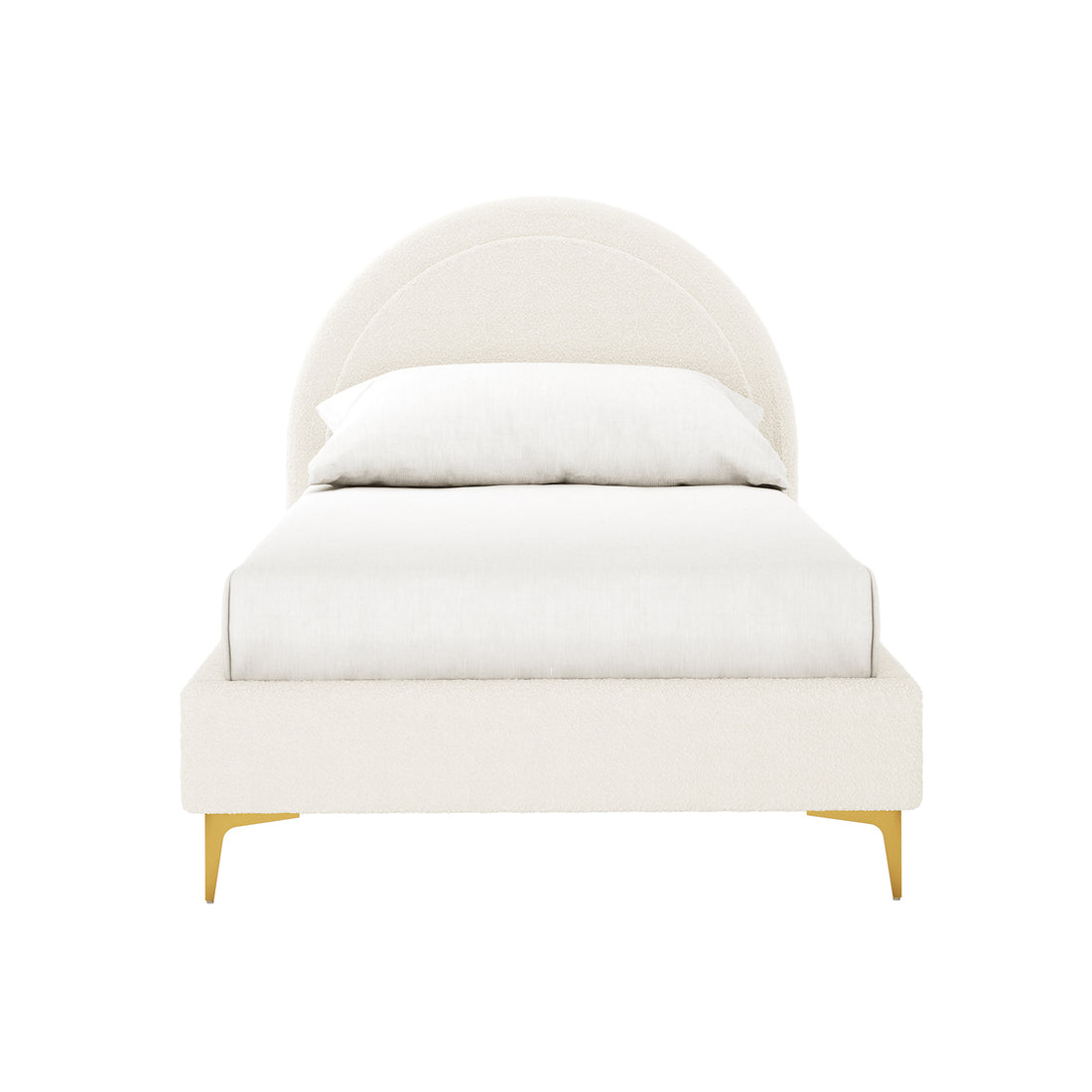 Camryn Kids Single Bouclé Bed Frame in Cream White features a softly rounded padded headboard, gold-tone metal legs, and matching bedding, offering a modern and elegant centerpiece for children's bedrooms.