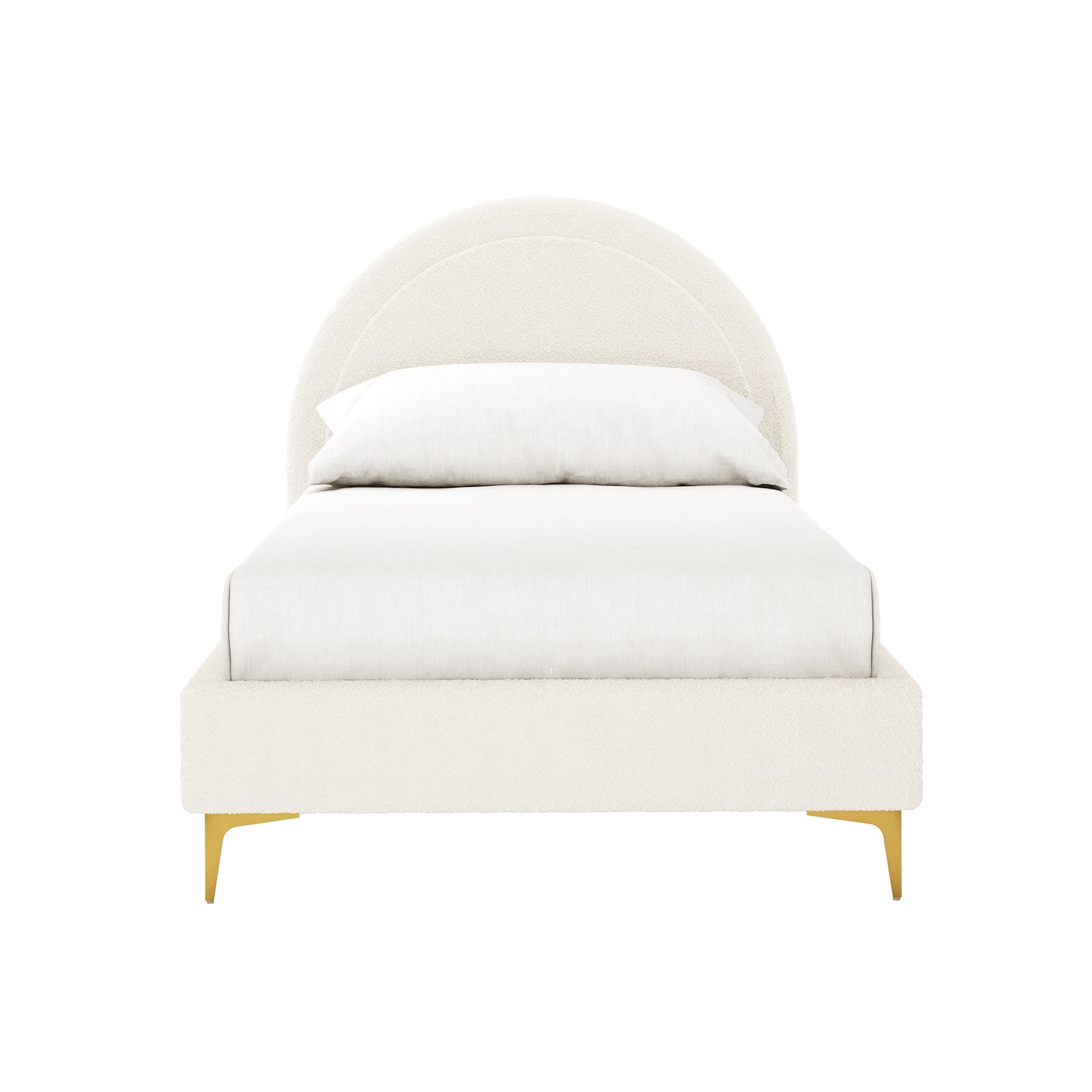 Camryn Kids Single Bouclé Bed Frame in Cream White features a softly rounded padded headboard, gold-tone metal legs, and matching bedding, offering a modern and elegant centerpiece for children's bedrooms.