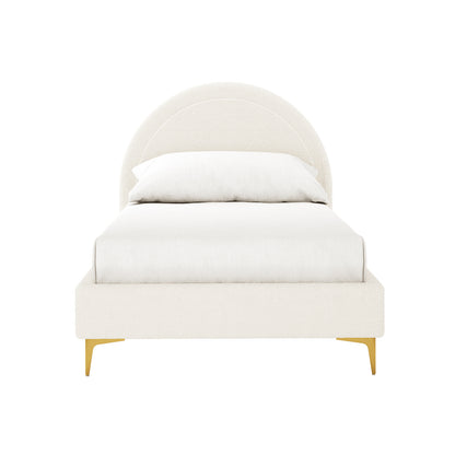 Camryn Kids Single Bouclé Bed Frame in Cream White features a softly rounded padded headboard, gold-tone metal legs, and matching bedding, offering a modern and elegant centerpiece for children's bedrooms.