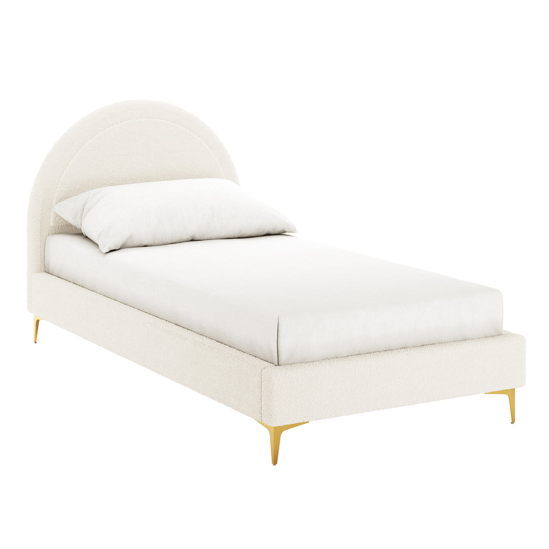 Camryn Kids Single Bouclé Bed Frame in Cream White featuring a soft, textured upholstered headboard, fitted mattress, and elegant gold-toned metal legs, ideal for modern, minimalist children's bedrooms.