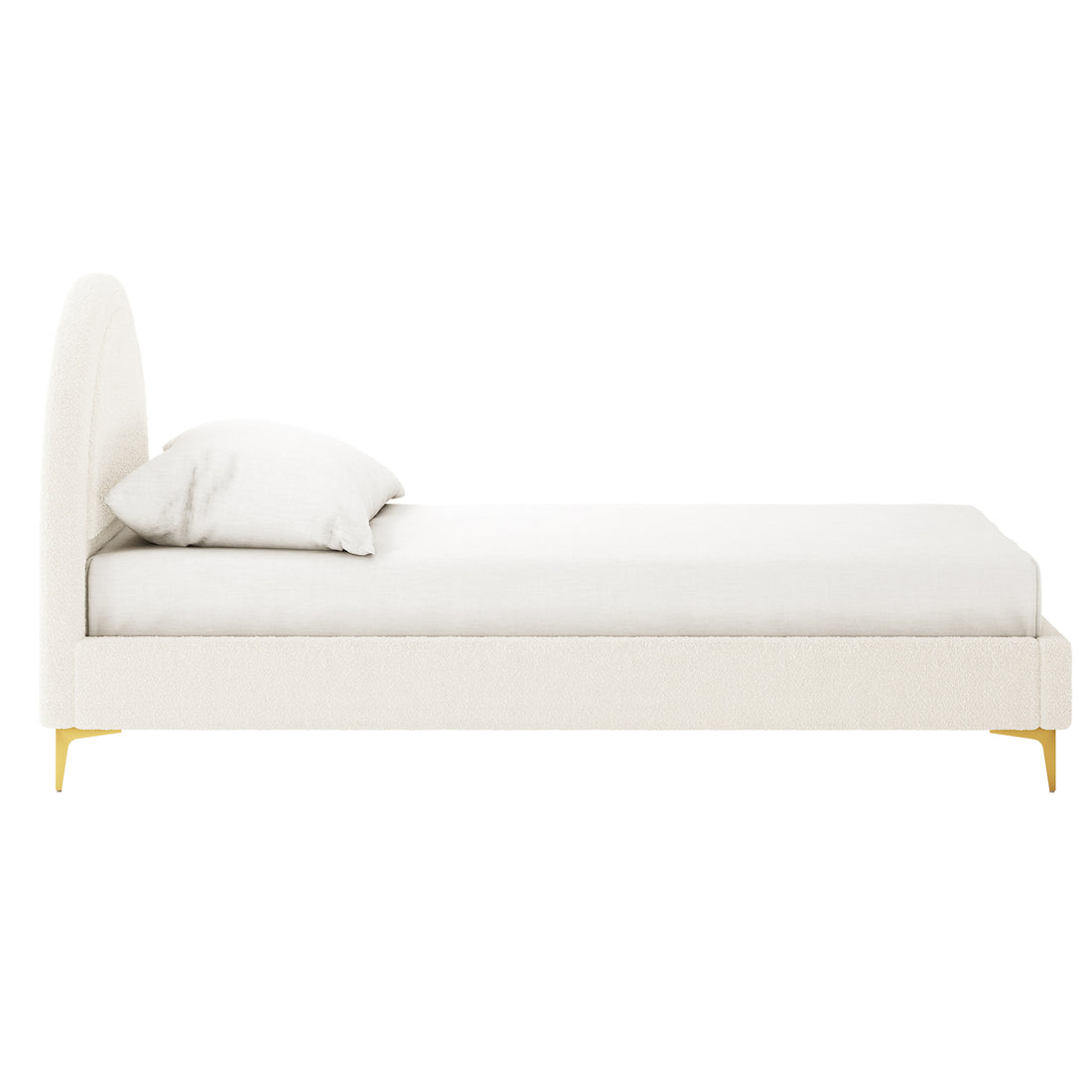 Camryn Kids Single Bouclé Bed Frame in Cream White features an off-white upholstered platform with a curved headboard, fitted mattress, single pillow, and gold metal legs, offering a modern, elegant design.