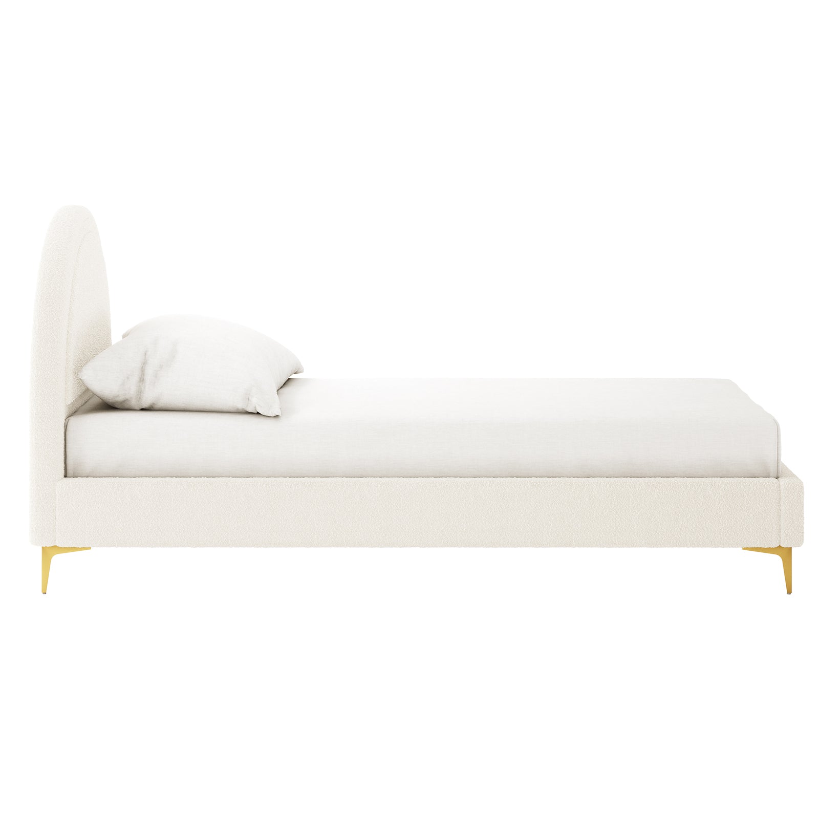 Camryn Kids Single Bouclé Bed Frame in Cream White features an off-white upholstered platform with a curved headboard, fitted mattress, single pillow, and gold metal legs, offering a modern, elegant design.