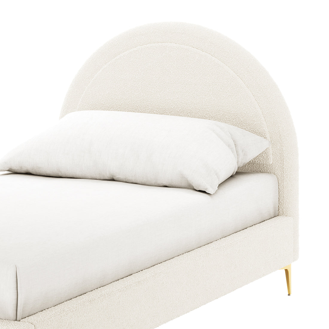 Camryn Kids Single Bouclé Bed Frame in Cream White features a low-profile, off-white bouclé upholstered frame, arched headboard, and slim tapered brass-tone legs, creating a contemporary and elegant sleep space.
