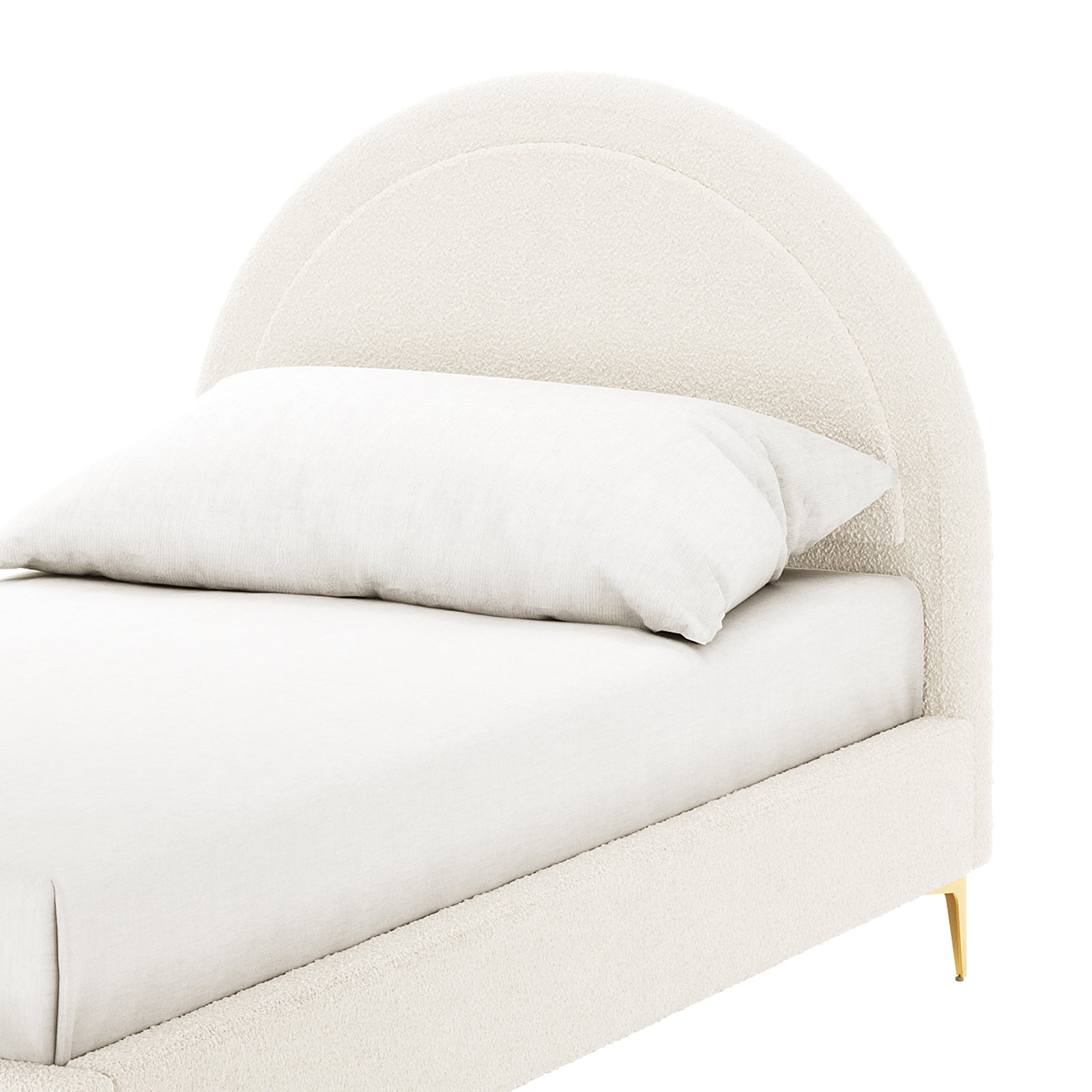 Camryn Kids Single Bouclé Bed Frame in Cream White features a low-profile, off-white bouclé upholstered frame, arched headboard, and slim tapered brass-tone legs, creating a contemporary and elegant sleep space.