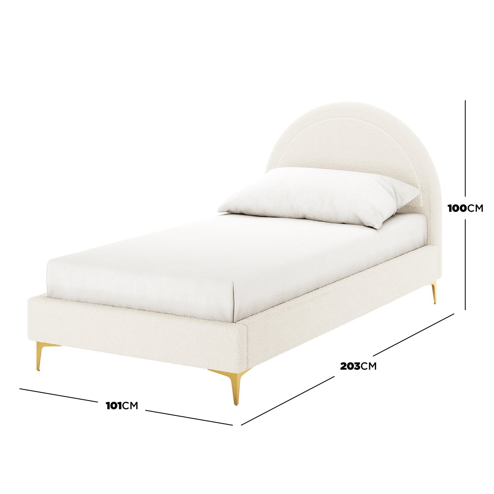 Camryn Kids Single Bouclé Bed Frame in Cream White features an arched headboard, off-white bouclé fabric, slim gold-metal legs, and dimension lines indicating 101 cm x 203 cm footprint and 100 cm headboard height.