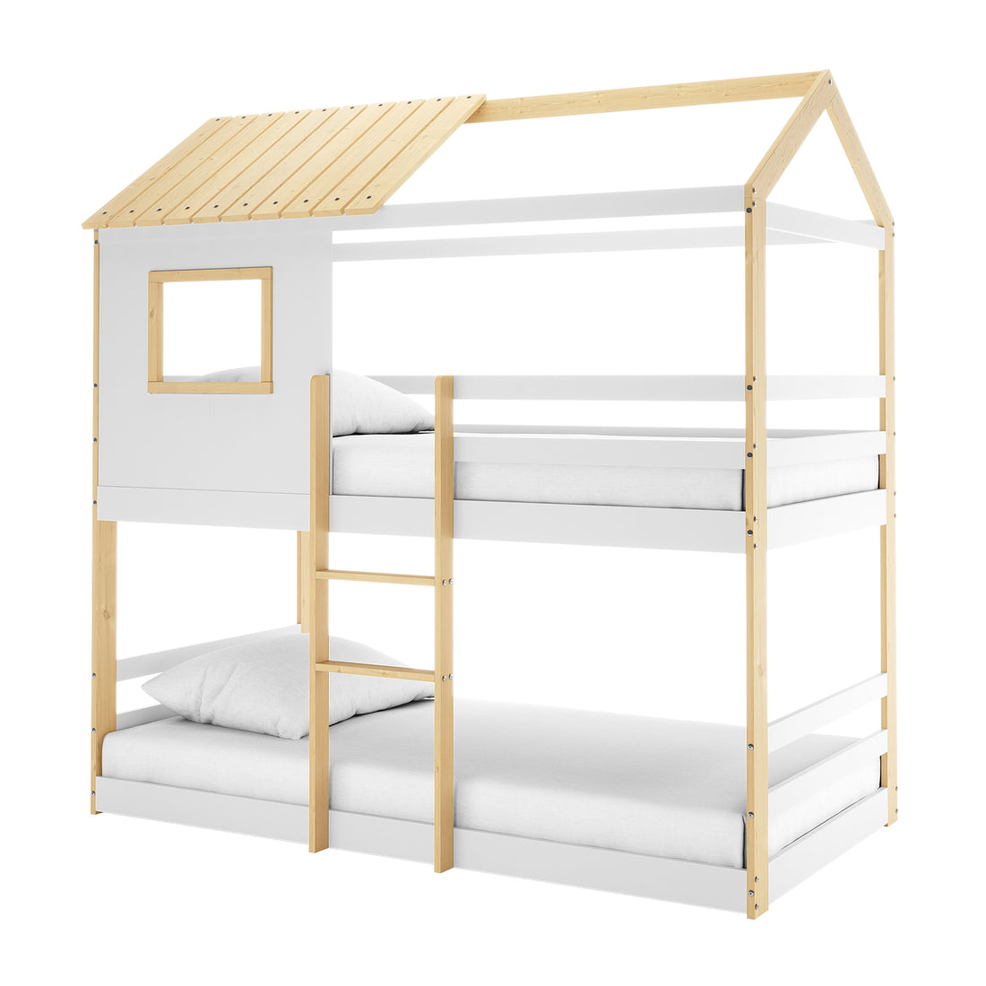Carl Kids Solid Wood Cubby Bunk Bed in White & Natural featuring a house-like design with a pitched roof, two-tier structure, safety ladder, and guardrails, crafted from light wood and white panels.