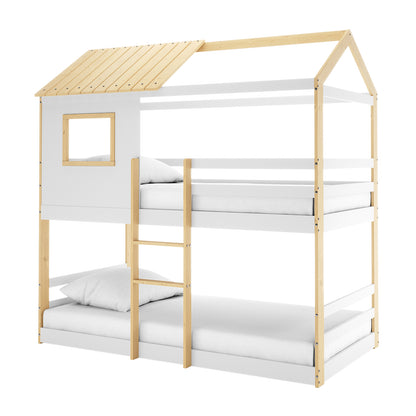 Carl Kids Solid Wood Cubby Bunk Bed in White & Natural featuring a house-like design with a pitched roof, two-tier structure, safety ladder, and guardrails, crafted from light wood and white panels.