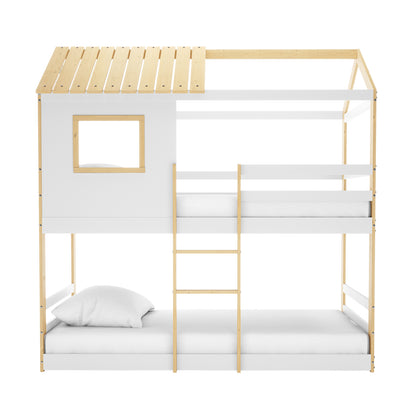 Carl Kids Solid Wood Cubby Bunk Bed in White & Natural featuring a two-level design with light wood and white panels, ladder, guardrails, small window cut-out, and partial slatted-roof canopy.