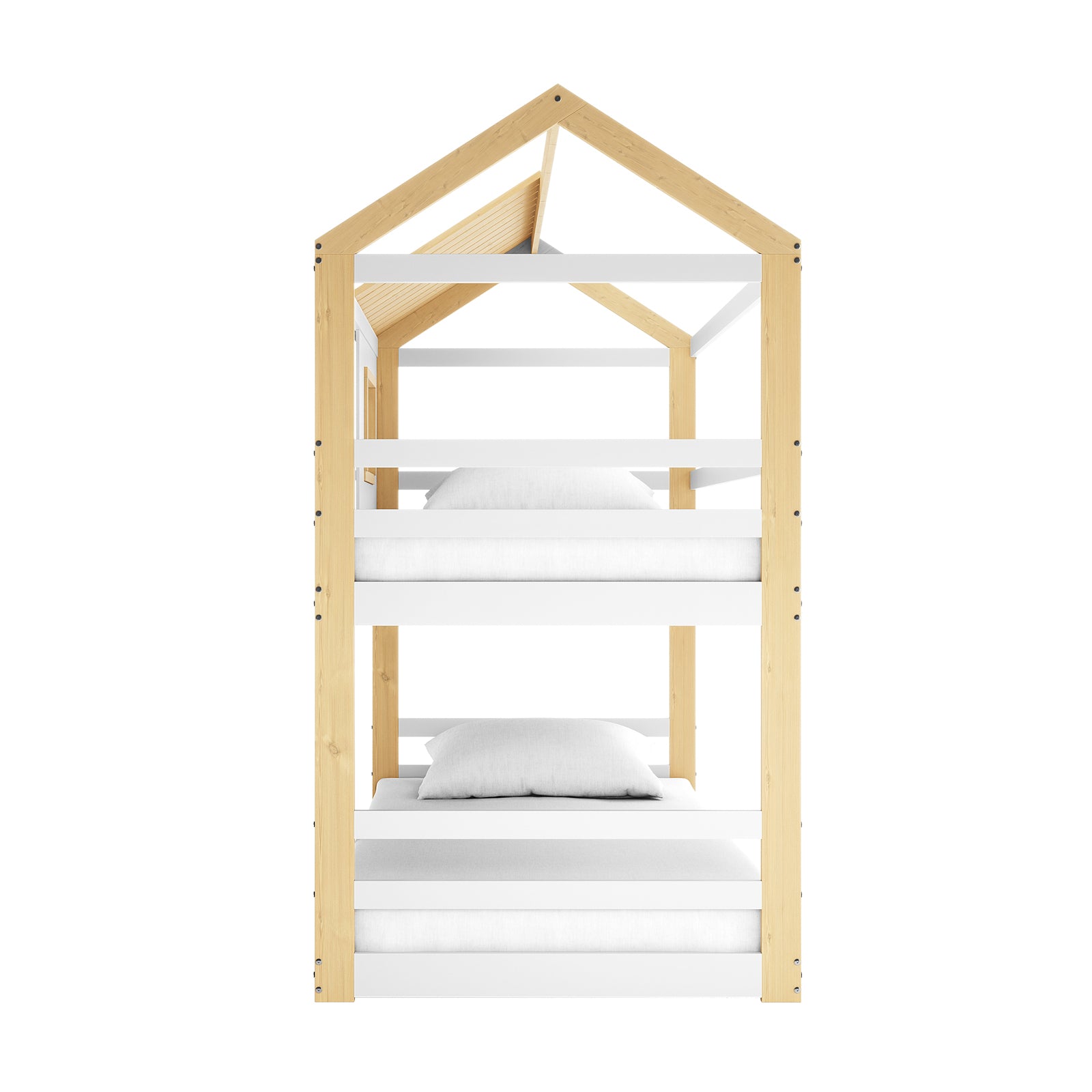 Carl Kids Solid Wood Cubby Bunk Bed in White & Natural features a charming house-shaped design with light wood posts, white slats, peaked roof frame, and simple mattresses, offering a playful yet practical sleeping solution.