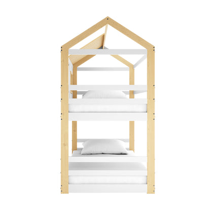 Carl Kids Solid Wood Cubby Bunk Bed in White & Natural features a charming house-shaped design with light wood posts, white slats, peaked roof frame, and simple mattresses, offering a playful yet practical sleeping solution.