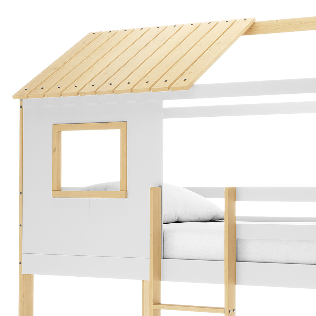 Carl Kids Solid Wood Cubby Bunk Bed in White & Natural features a loft-style design with a playhouse façade, cut-out window, and safety ladder, offering functionality and charm for children's bedrooms.