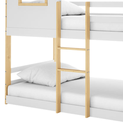 Carl Kids Solid Wood Cubby Bunk Bed in White & Natural features a two-tier design with light wood posts, white panels, built-in ladder, and house roof, complete with pillows on white mattresses.