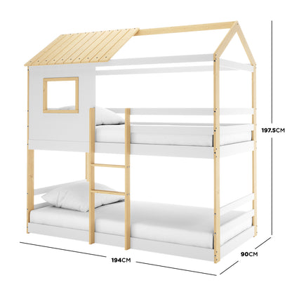 Carl Kids Solid Wood Cubby Bunk Bed in White & Natural, features a house-like frame with a pitched roof, window opening, and integrated ladder, offering a playful and safe design for children's rooms.
