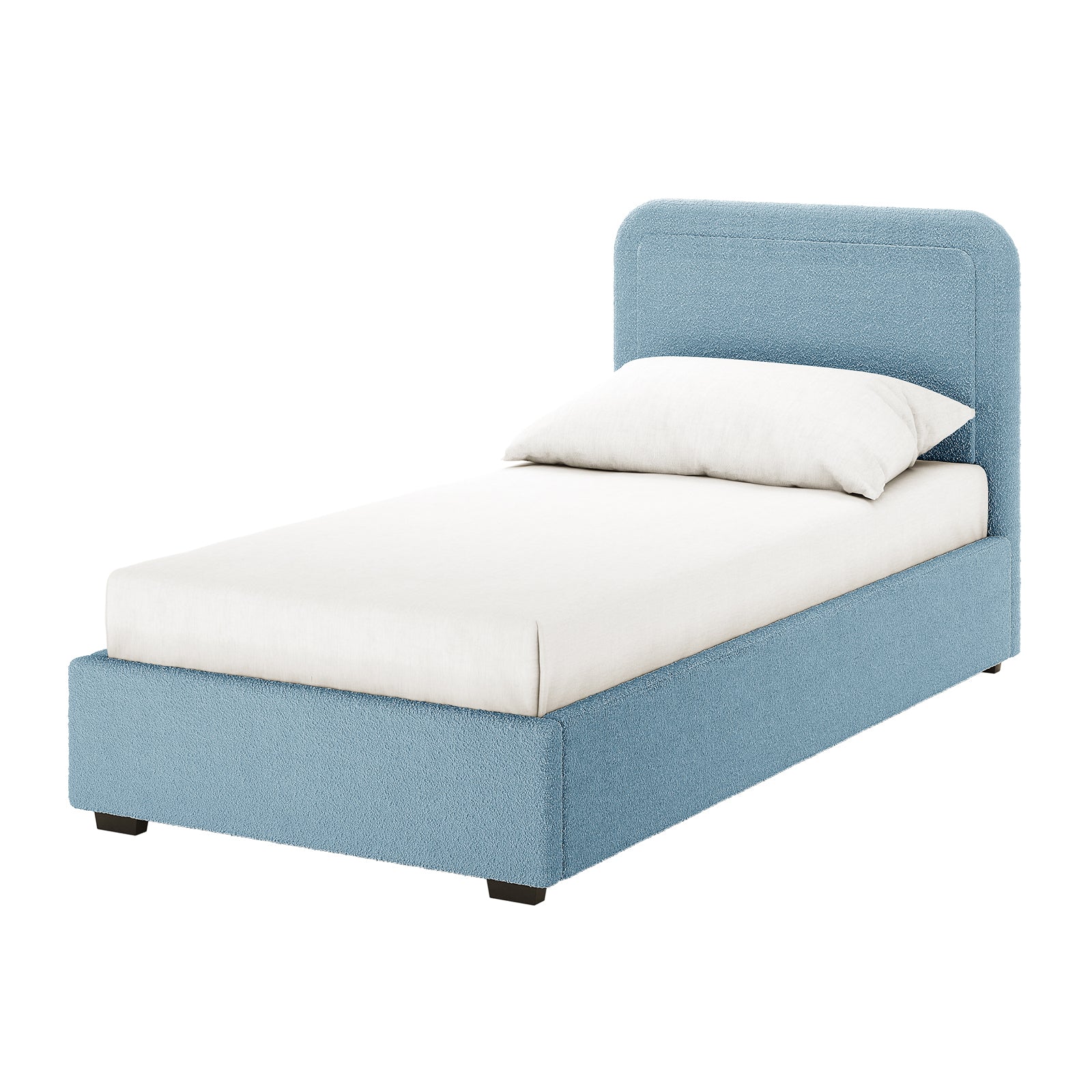 Carya Kids Single Fabric Bouclé Bed Frame in Blue: Light blue upholstered twin-size bed with white mattress and pillow, featuring a foam-padded headboard and stylish, modern design for a cozy child's retreat.