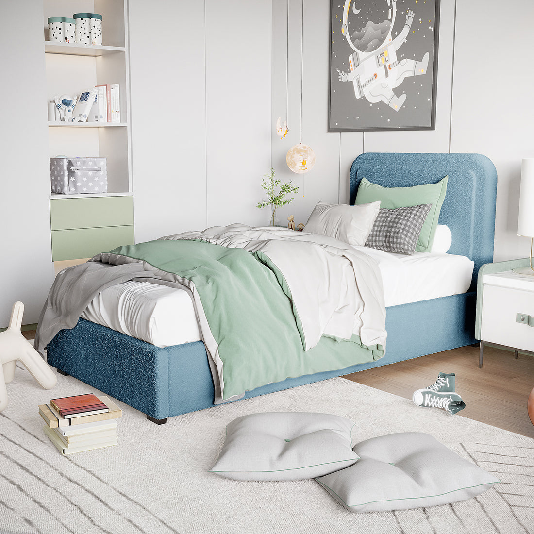 Carya Kids Single Fabric Bouclé Bed Frame in Blue, shown in a modern bedroom with a teal-blue upholstered frame, white sheets, and sage duvet, complemented by a cozy, child-friendly decor.