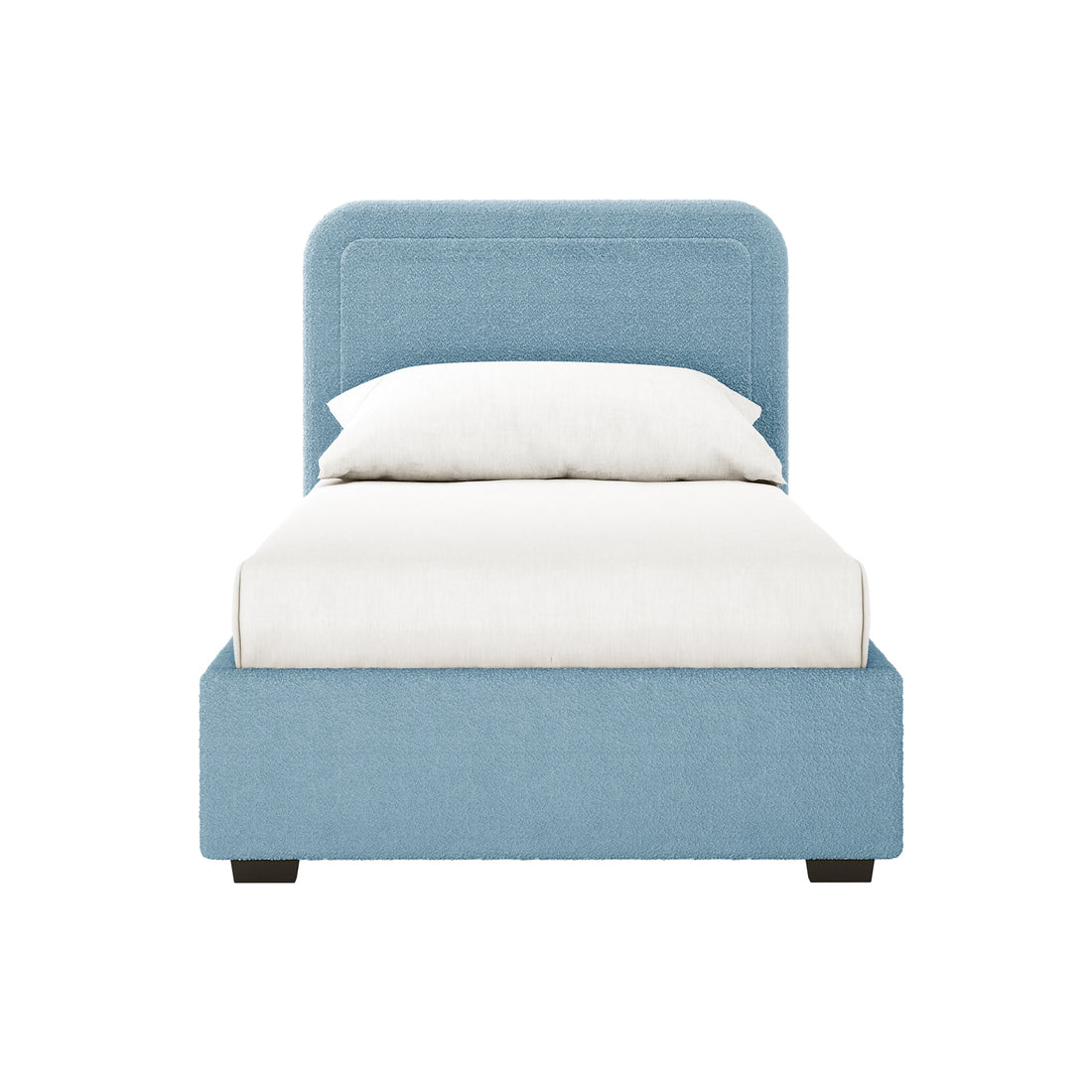 Carya Kids Single Fabric Boucle Bed Frame in Blue features a low upholstered frame, matching headboard, and plain white bedding, offering a cozy, modern design ideal for children's bedrooms.