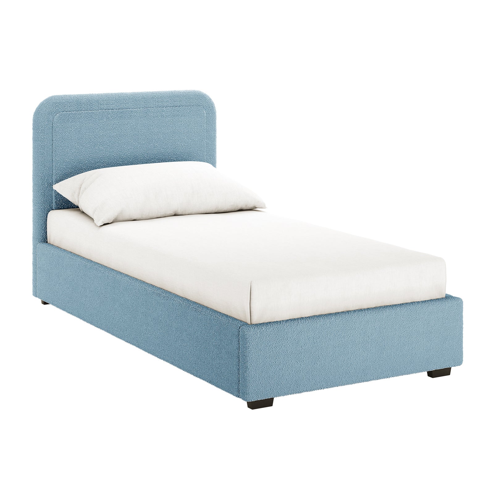 Carya Kids Single Fabric Bouclé Bed Frame in Blue, featuring a light-blue upholstered frame and headboard with a white mattress. Ideal for children's rooms with its modern, playful design and sturdy construction.