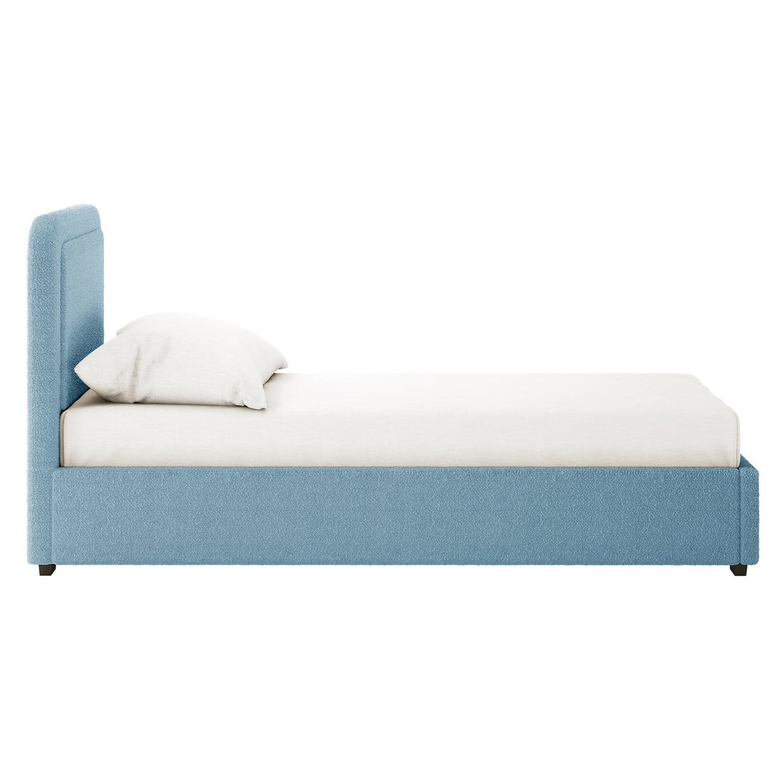 Carya Kids Single Fabric Bouclé Bed Frame in Blue, featuring a light blue textured upholstery, tall padded headboard, low foot-end frame, and simple white mattress with a matching pillow.