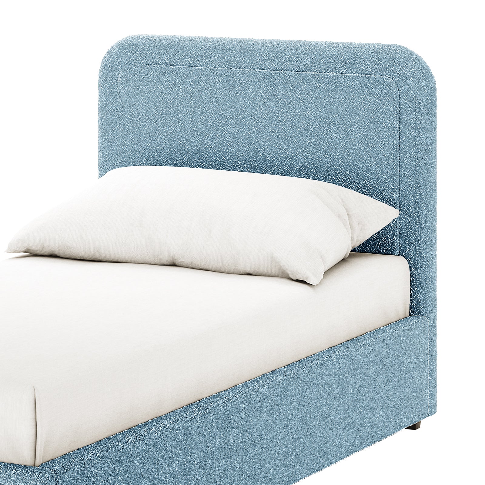 Carya Kids Single Fabric Bouclé Bed Frame in Blue with light blue upholstered headboard and frame, featuring a soft, nubby texture. Dressed in plain white linens, perfect for a child’s bedroom.
