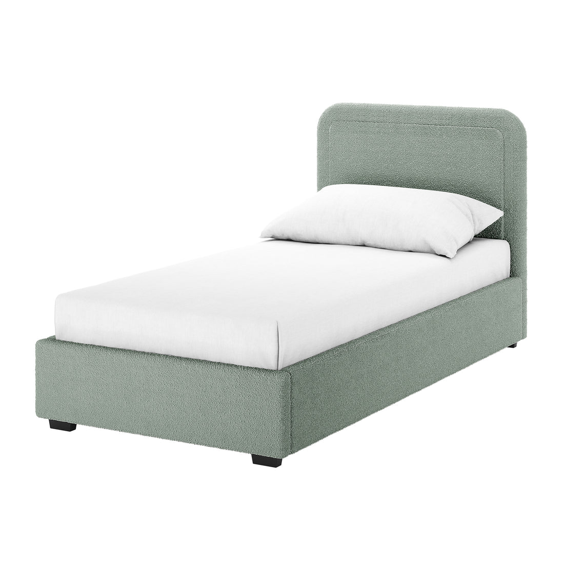 Carya Kids Single Fabric Bouclé Bed Frame in Mint Green features a sage-green upholstered frame with textured bouclé fabric, a matching headboard, and black block legs, offering style and comfort.