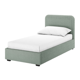 Carya Kids Single Fabric Bouclé Bed Frame in Mint Green features a sage-green upholstered frame with textured bouclé fabric, a matching headboard, and black block legs, offering style and comfort.