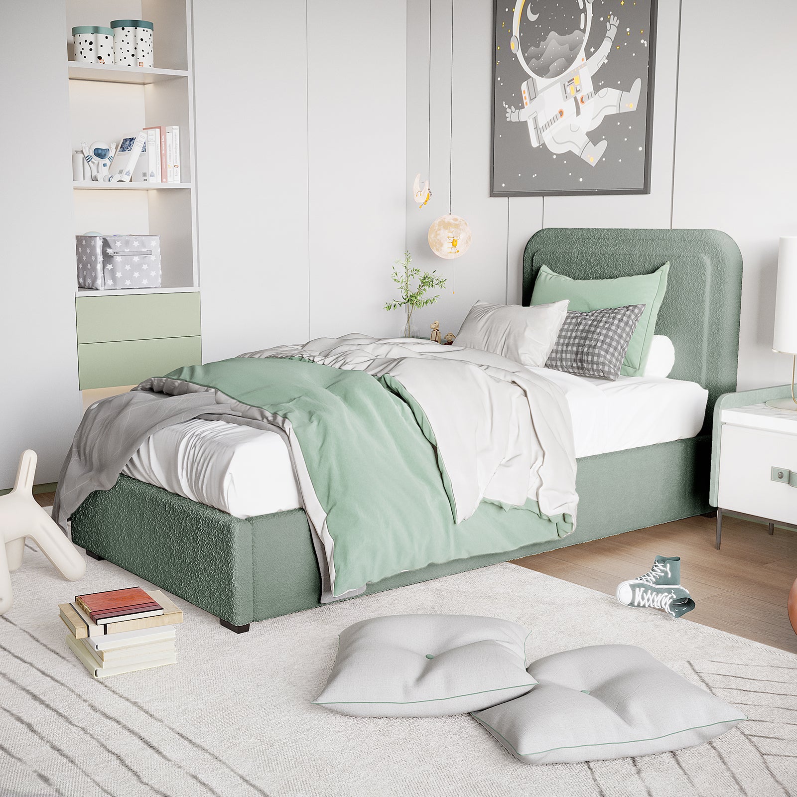 Carya Kids Single Fabric Bouclé Bed Frame in Mint Green, featuring a sage-green upholstered design with a foam-padded headboard, surrounded by a cozy, modern bedroom setting with playful and calming elements.