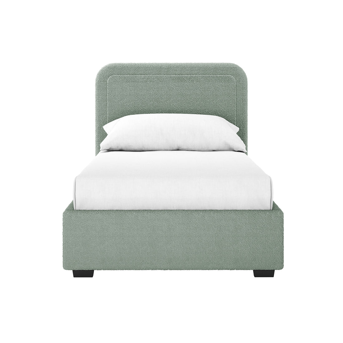 Carya Kids Single Fabric Bouclé Bed Frame in Mint Green features a modern platform design with a padded headboard, side and foot rails, upholstered in textured bouclé fabric, including a white mattress and pillow.