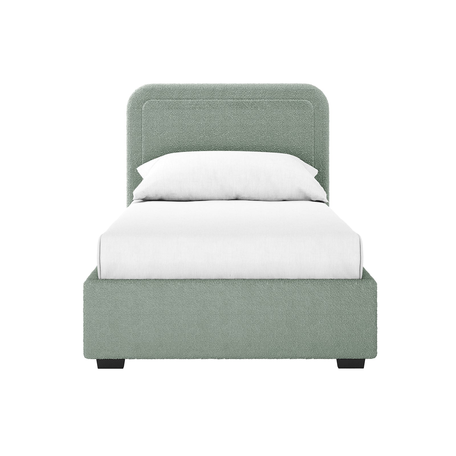 Carya Kids Single Fabric Bouclé Bed Frame in Mint Green features a modern platform design with a padded headboard, side and foot rails, upholstered in textured bouclé fabric, including a white mattress and pillow.