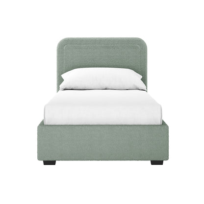 Carya Kids Single Fabric Bouclé Bed Frame in Mint Green features a modern platform design with a padded headboard, side and foot rails, upholstered in textured bouclé fabric, including a white mattress and pillow.