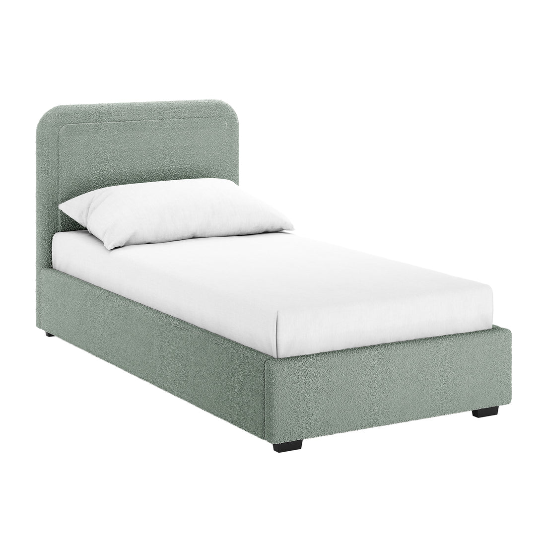 Carya Kids Single Fabric Bouclé Bed Frame in Mint Green features a muted sage-green upholstered twin-sized frame, low platform base, and rounded, padded headboard with white mattress and pillow on top.