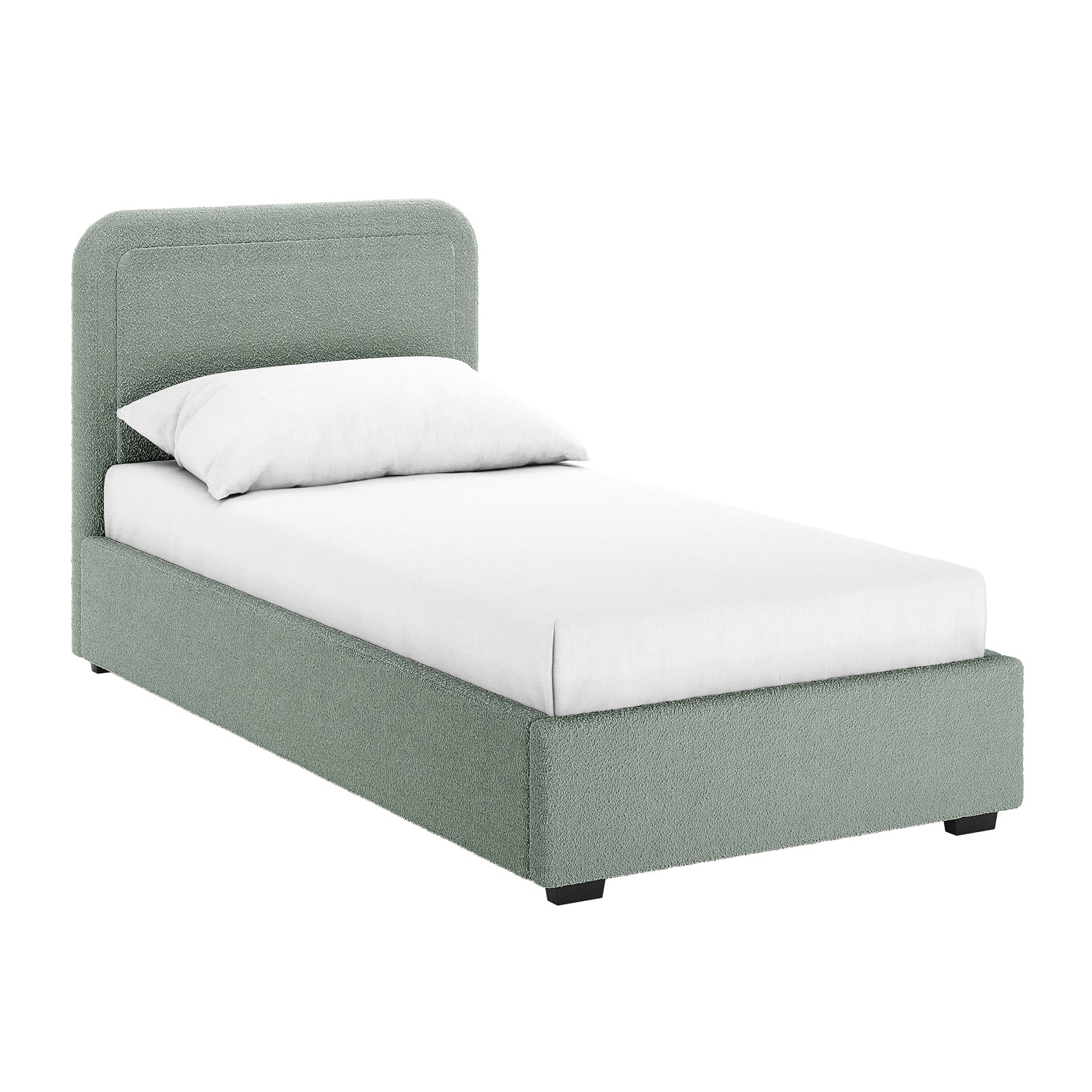 Carya Kids Single Fabric Bouclé Bed Frame in Mint Green features a muted sage-green upholstered twin-sized frame, low platform base, and rounded, padded headboard with white mattress and pillow on top.