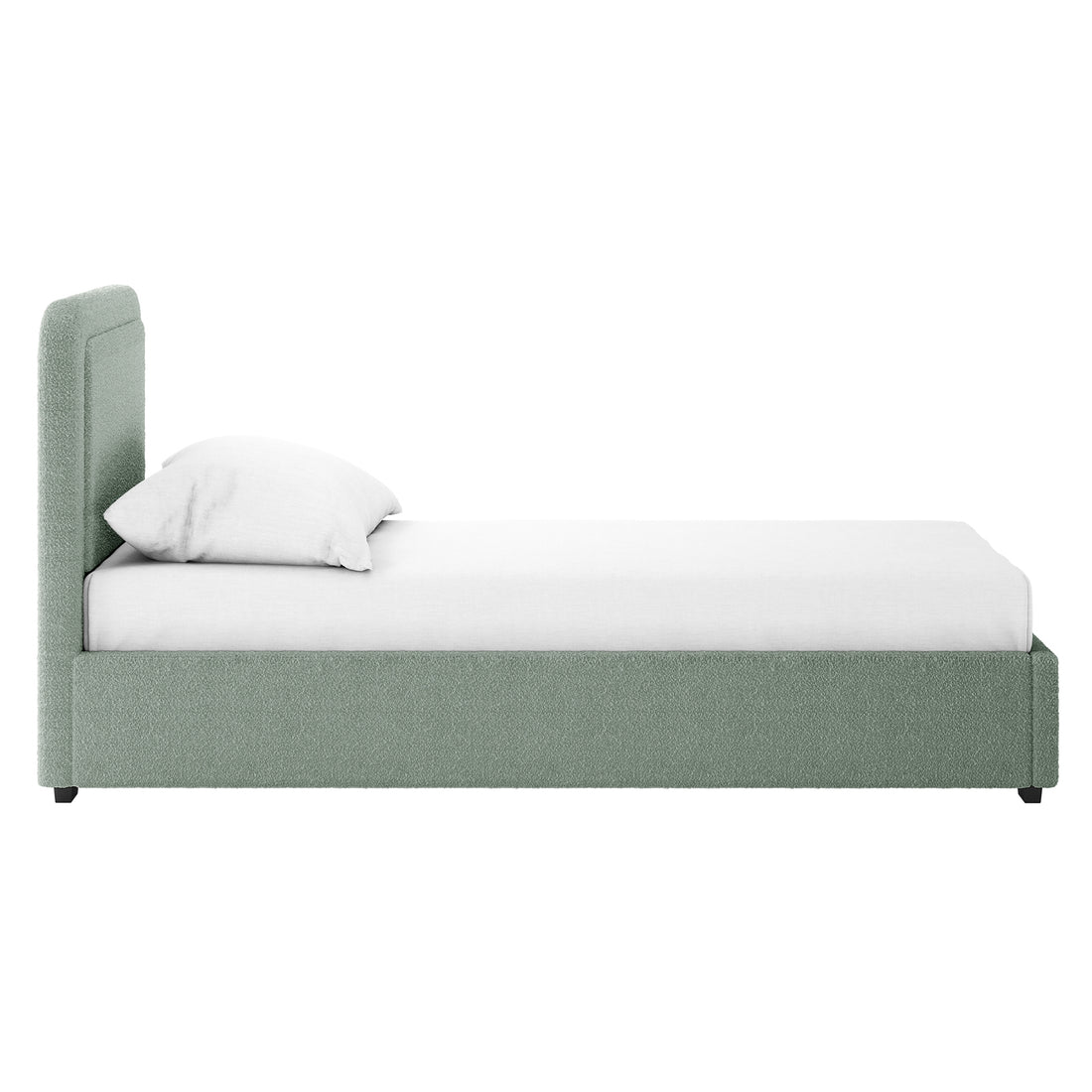 Carya Kids Single Fabric Bouclé Bed Frame in Mint Green features a tall headboard and low platform base in soft bouclé fabric, complete with white mattress cover and pillow, ideal for modern interiors.