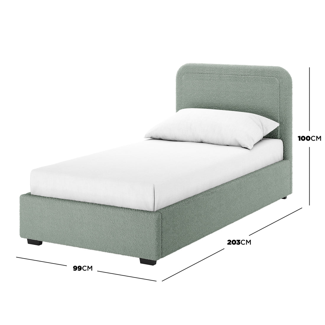 Carya Kids Single Fabric Bouclé Bed Frame in Mint Green, featuring a low box-style base and slightly rounded headboard, upholstered in textured fabric, with overlaid dimensions: 203cm length, 99cm width, 100cm headboard height.