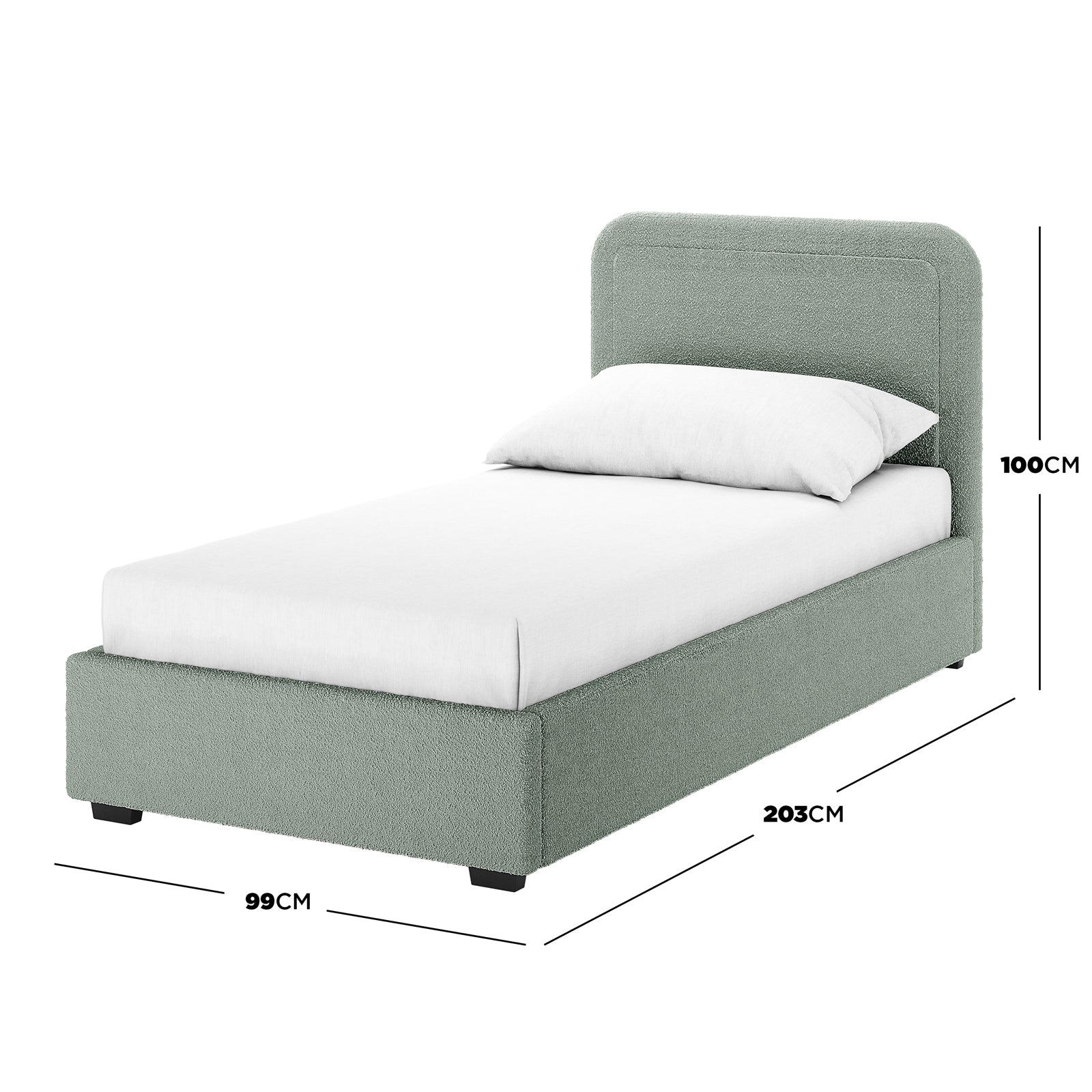 Carya Kids Single Fabric Bouclé Bed Frame in Mint Green, featuring a low box-style base and slightly rounded headboard, upholstered in textured fabric, with overlaid dimensions: 203cm length, 99cm width, 100cm headboard height.