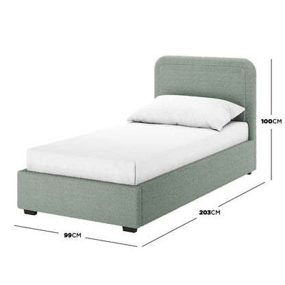 Carya Kids Single Fabric Bouclé Bed Frame in Mint Green, featuring a low box-style base and slightly rounded headboard, upholstered in textured fabric, with overlaid dimensions: 203cm length, 99cm width, 100cm headboard height.