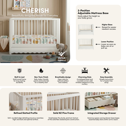 Cherish Solid Pine Baby Cot with Rail Set in White styled in a room setting