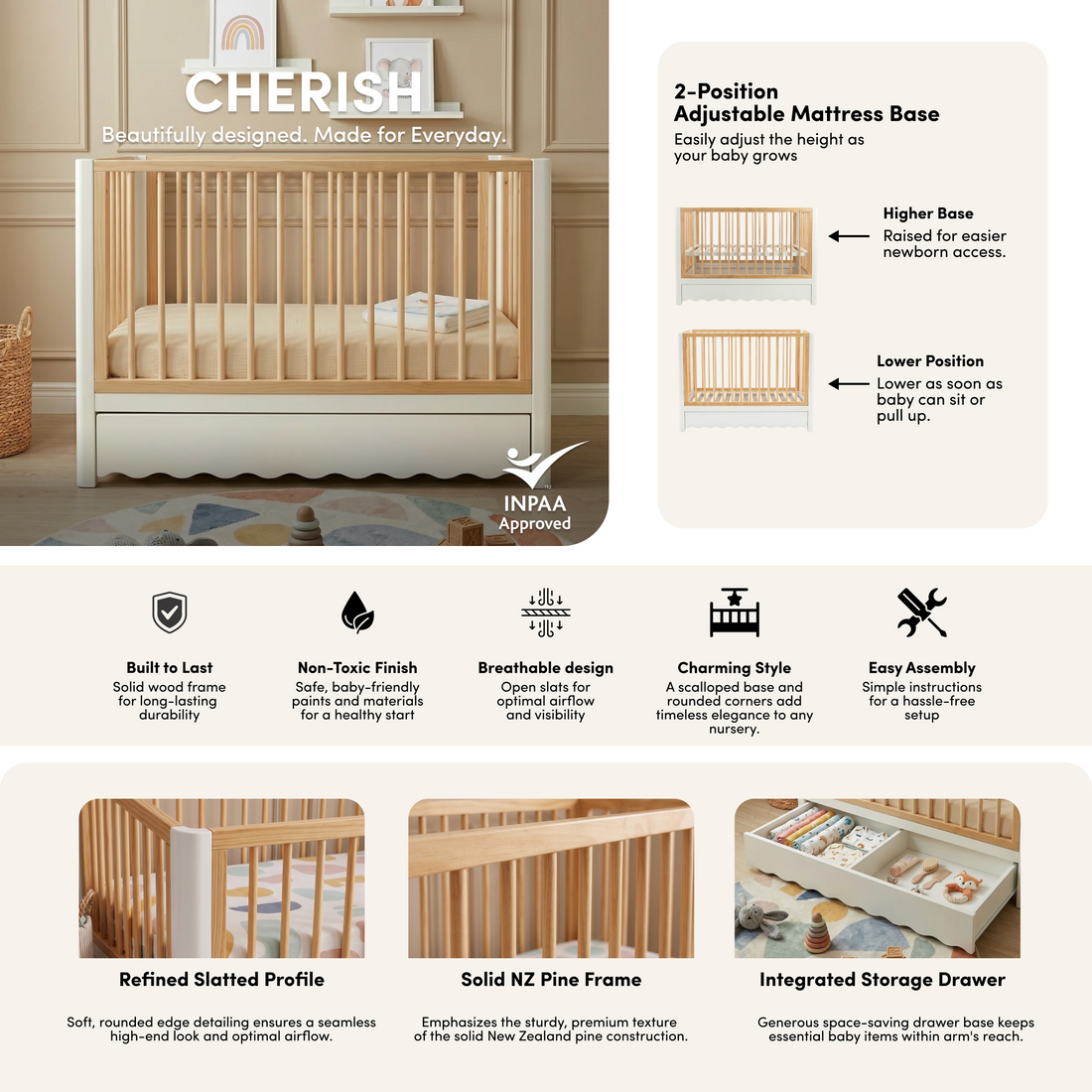 Cherish Natural Pine Wood Cot with Storage Drawer White Natural styled in a room setting