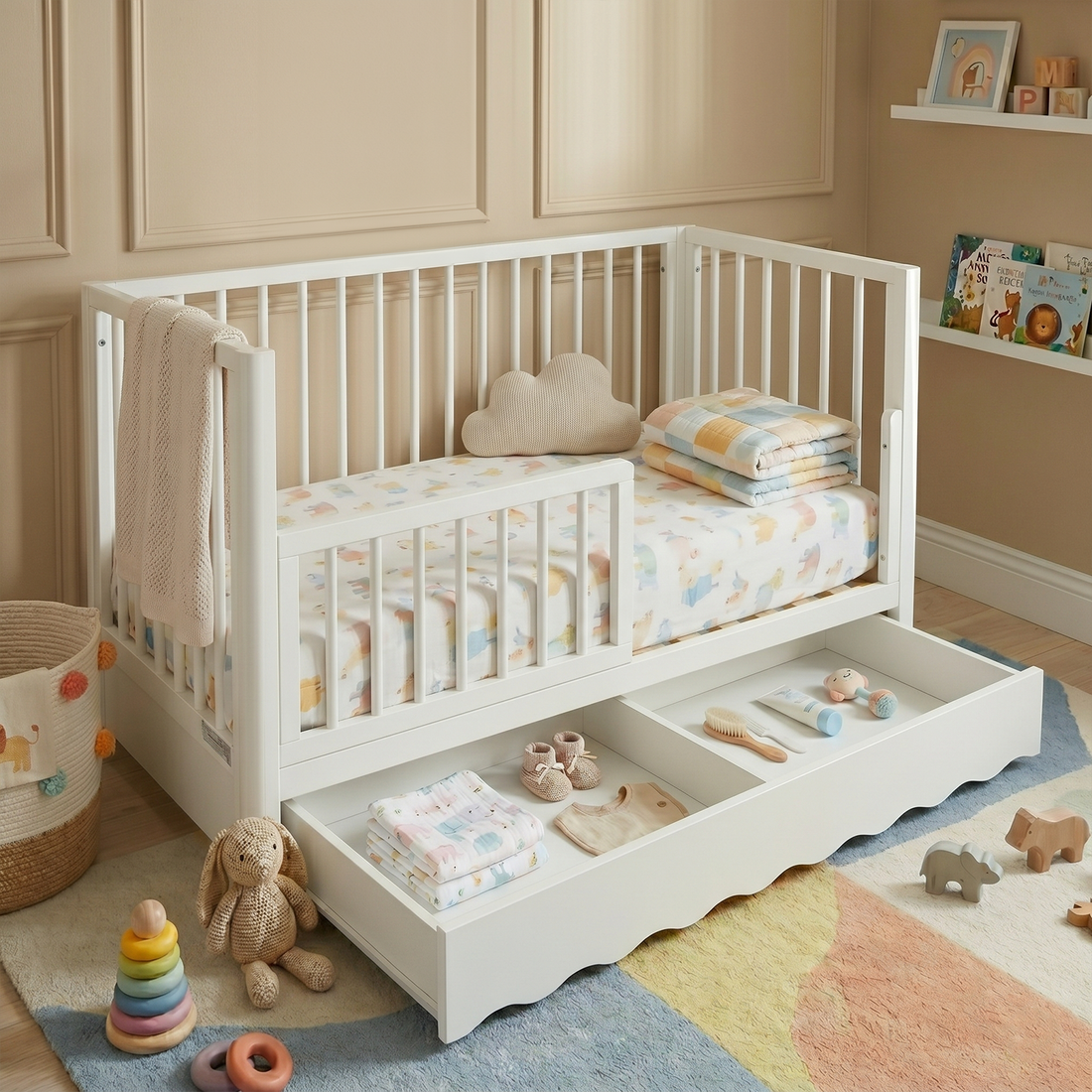 Cherish Solid Pine Baby Cot with Rail Set in White