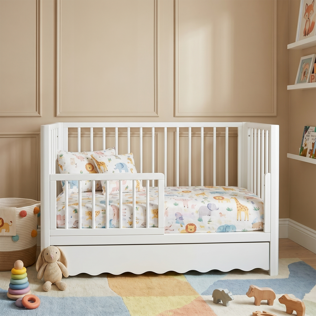 Cherish Solid Pine Baby Cot with Rail Set in White