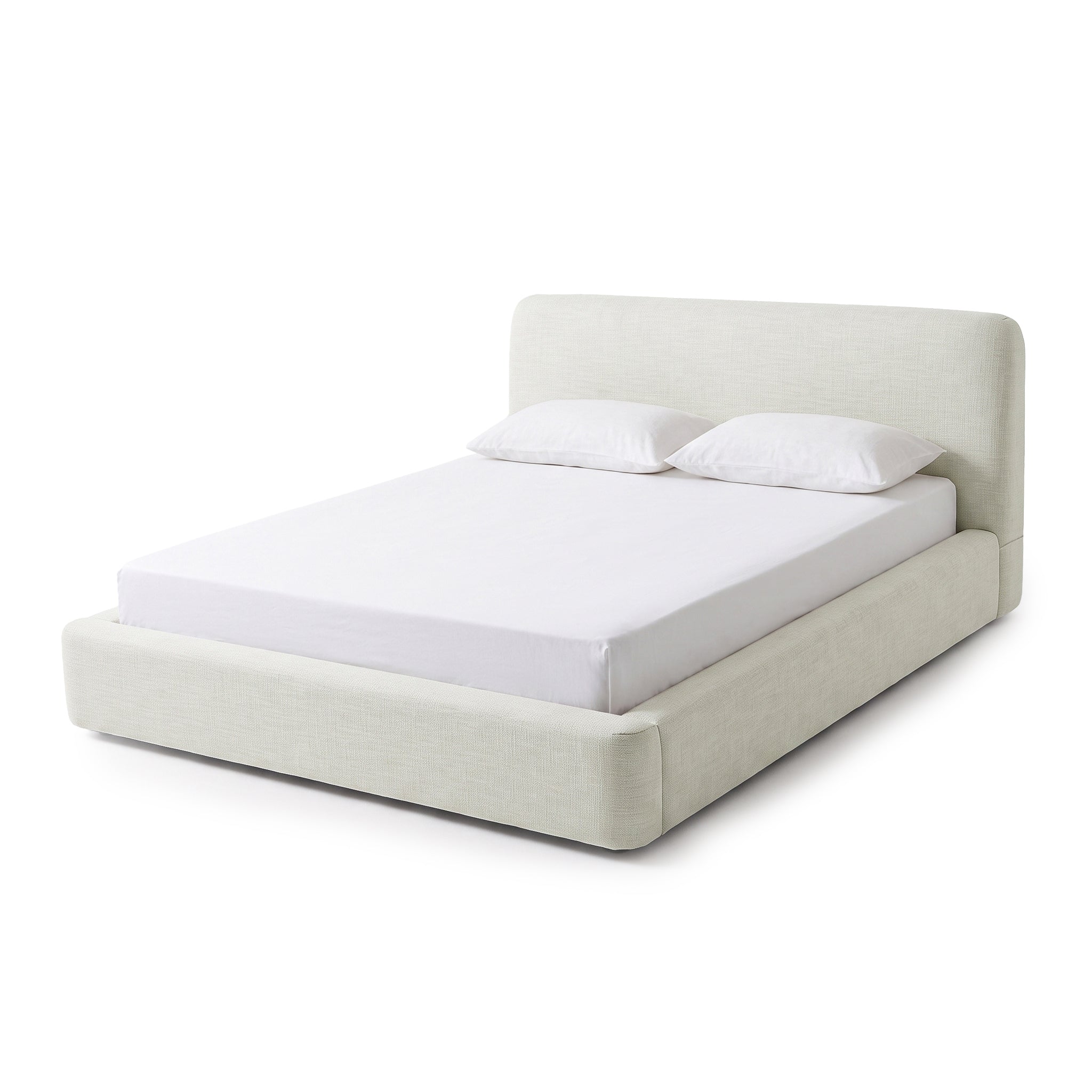 Modern upholstered bed with headboard, mattress, and two pillows on a white background
