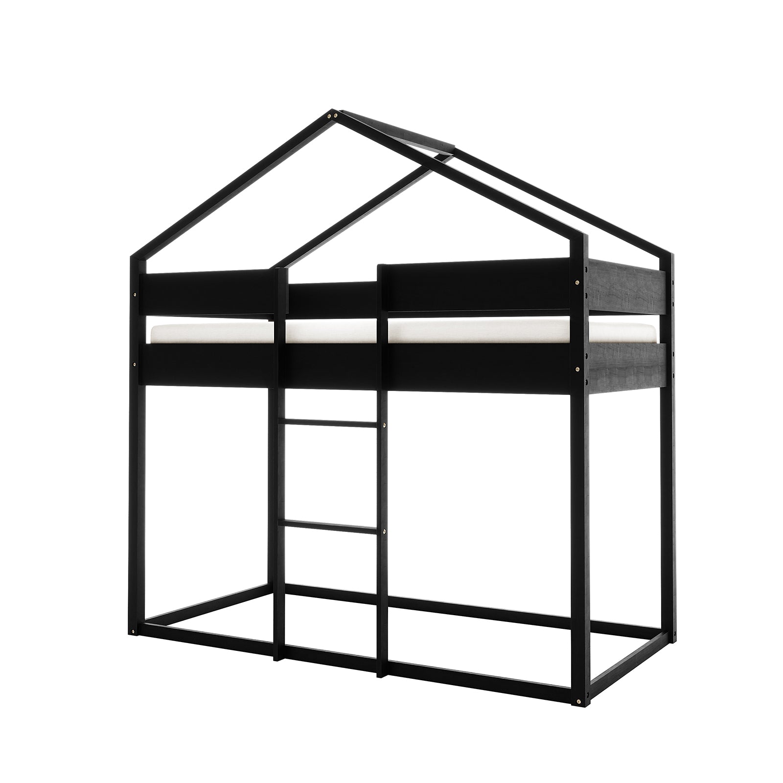 Clay House Shaped Kids Loft Bed in Black features a house-style frame with an A-frame roof, built-in ladder, and open space underneath, offering a sleek, space-saving design for children's rooms.