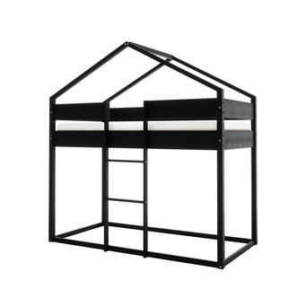 Clay House Shaped Kids Loft Bed in Black features a house-style frame with an A-frame roof, built-in ladder, and open space underneath, offering a sleek, space-saving design for children's rooms.