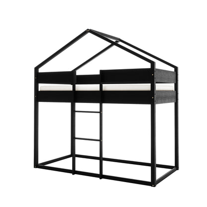 Clay House Shaped Kids Loft Bed in Black features a house-style frame with an A-frame roof, built-in ladder, and open space underneath, offering a sleek, space-saving design for children's rooms.