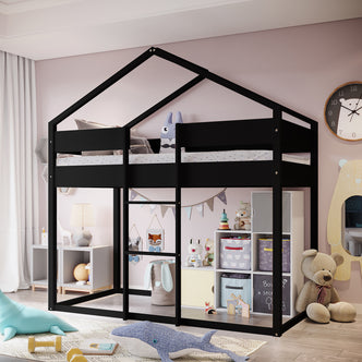 Clay House Shaped Kids Loft Bed in Black, showcasing an upper bunk with a play/storage nook below featuring cubby shelves, toys, and wall decorations, creating a modern, space-saving children's room setup.