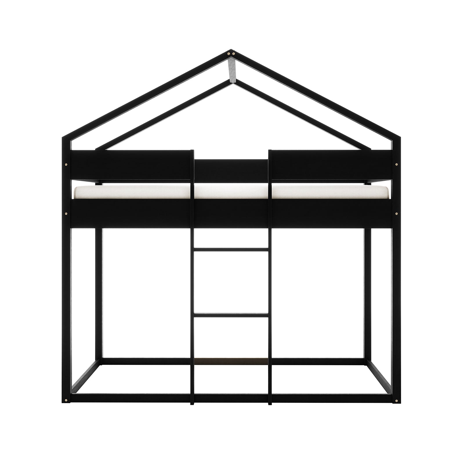 Clay House Shaped Kids Loft Bed in Black features a sleek metal frame with a pitched-roof silhouette, guardrails, and a centered ladder. The open lower space is ideal for play or storage.