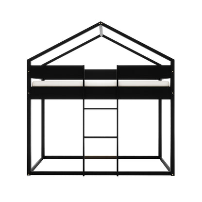 Clay House Shaped Kids Loft Bed in Black features a sleek metal frame with a pitched-roof silhouette, guardrails, and a centered ladder. The open lower space is ideal for play or storage.