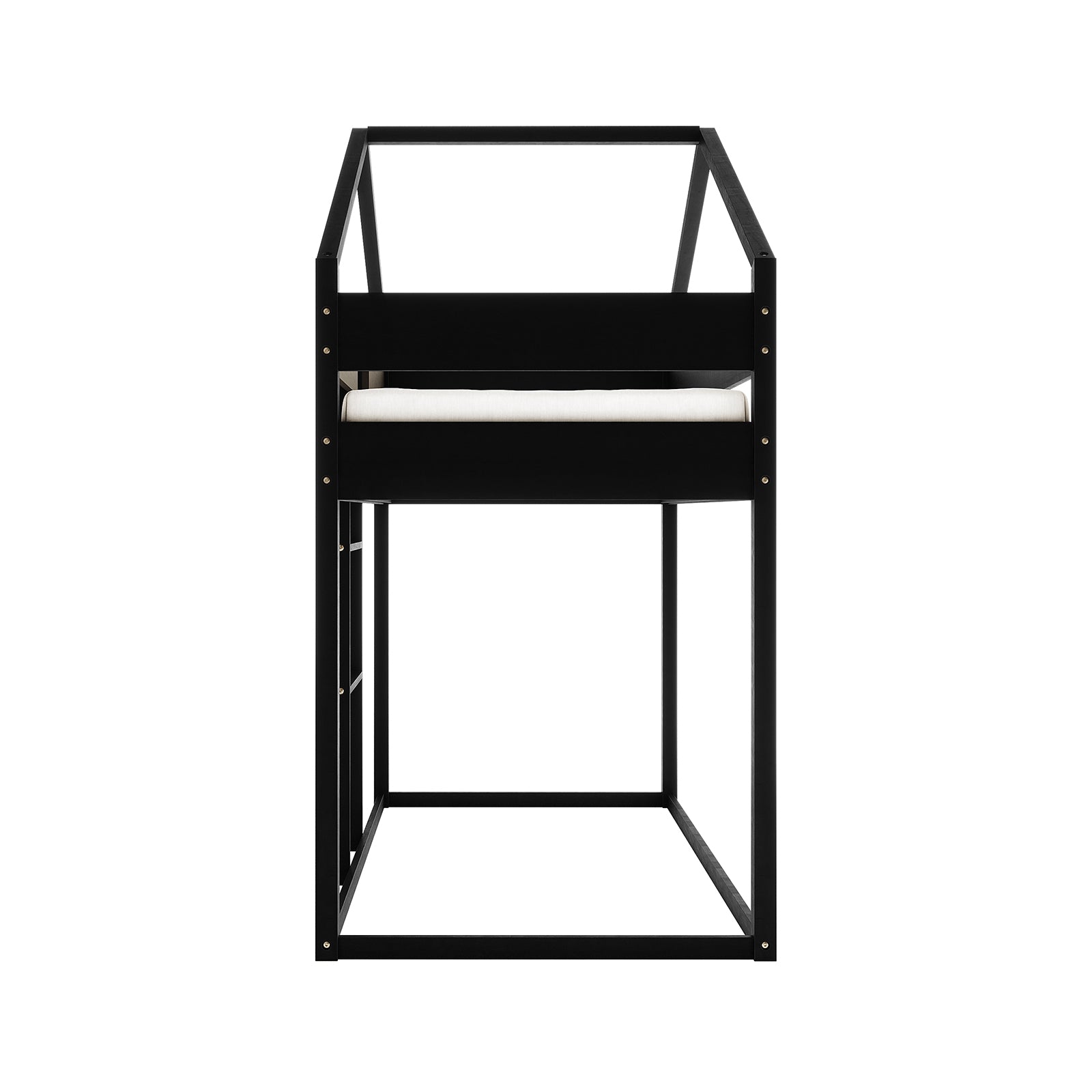 Clay House Shaped Kids Loft Bed in Black features a minimalist black frame with a top bunk platform, A-shaped roof outline, and open space underneath, emphasizing a modern, space-saving design.
