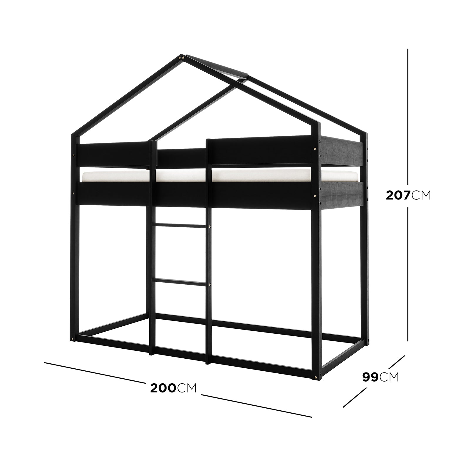 Clay House Shaped Kids Loft Bed in Black, featuring a house-like frame with an open roof, short ladder, and built-in guard rails. Made from durable black-finished wood, ideal for space-saving in children's rooms.